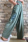 Lindin Linen Blend Crochet Flower Barrel Pant Washed Khaki